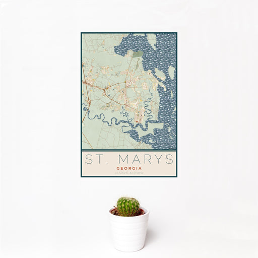 12x18 St. Marys Georgia Map Print Portrait Orientation in Woodblock Style With Small Cactus Plant in White Planter