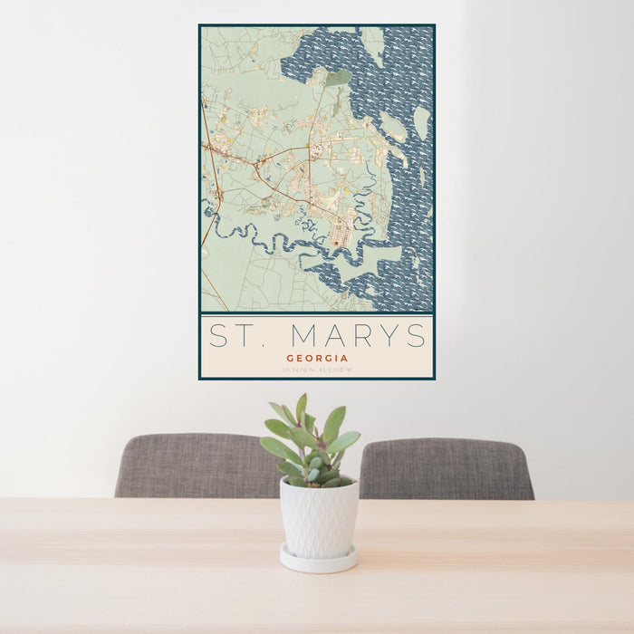 24x36 St. Marys Georgia Map Print Portrait Orientation in Woodblock Style Behind 2 Chairs Table and Potted Plant