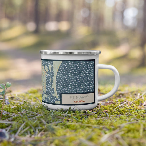 Right View Custom St. Marys Georgia Map Enamel Mug in Woodblock on Grass With Trees in Background