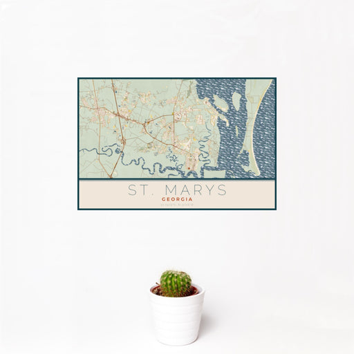 12x18 St. Marys Georgia Map Print Landscape Orientation in Woodblock Style With Small Cactus Plant in White Planter