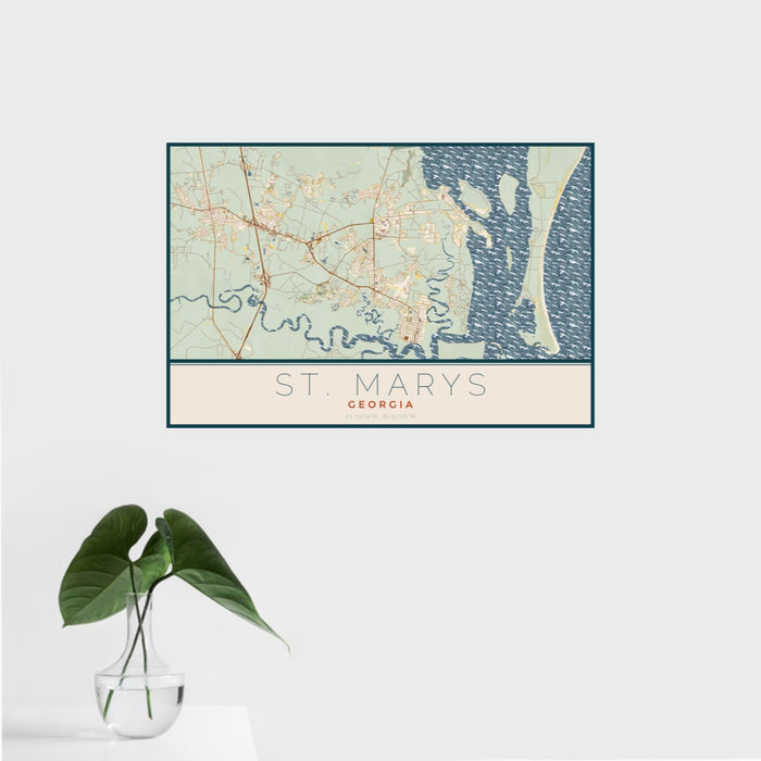 16x24 St. Marys Georgia Map Print Landscape Orientation in Woodblock Style With Tropical Plant Leaves in Water