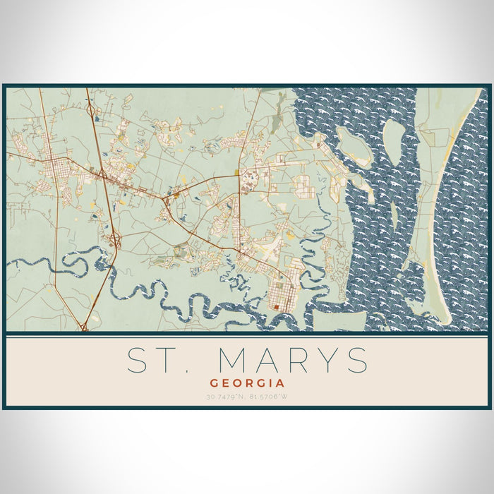St. Marys Georgia Map Print Landscape Orientation in Woodblock Style With Shaded Background