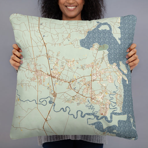 Person holding 22x22 Custom St. Marys Georgia Map Throw Pillow in Woodblock