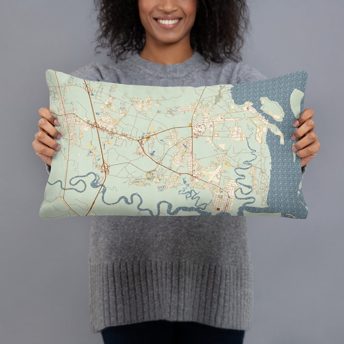 Person holding 20x12 Custom St. Marys Georgia Map Throw Pillow in Woodblock