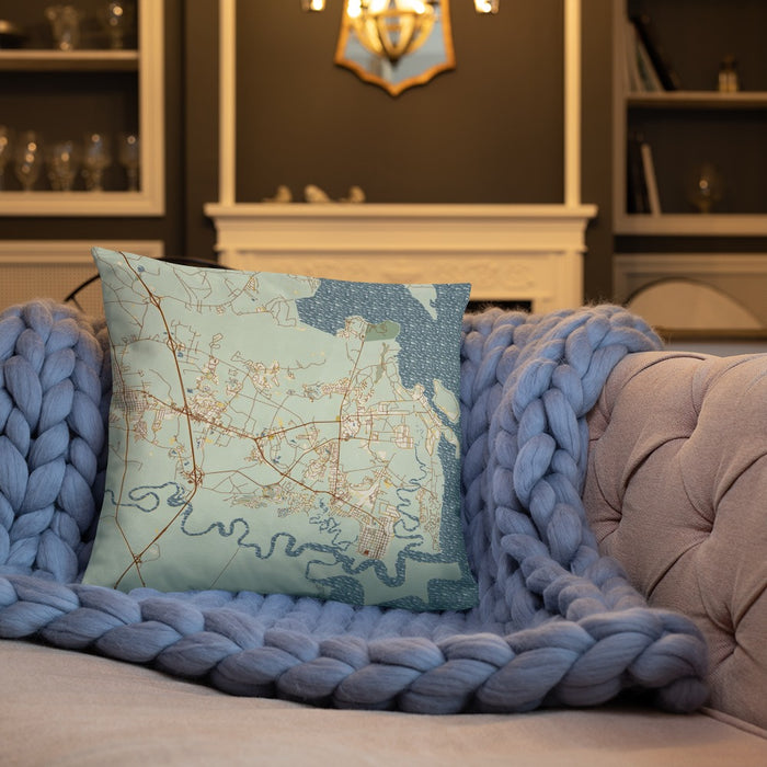 Custom St. Marys Georgia Map Throw Pillow in Woodblock on Cream Colored Couch