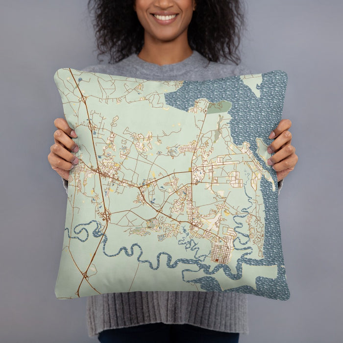 Person holding 18x18 Custom St. Marys Georgia Map Throw Pillow in Woodblock