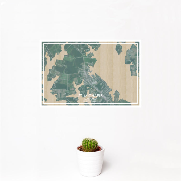 12x18 St. Michaels Maryland Map Print Landscape Orientation in Afternoon Style With Small Cactus Plant in White Planter