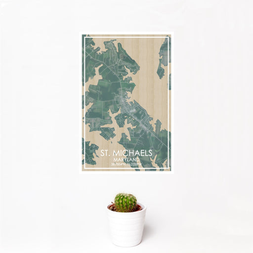 12x18 St. Michaels Maryland Map Print Portrait Orientation in Afternoon Style With Small Cactus Plant in White Planter