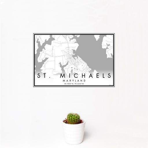 12x18 St. Michaels Maryland Map Print Landscape Orientation in Classic Style With Small Cactus Plant in White Planter