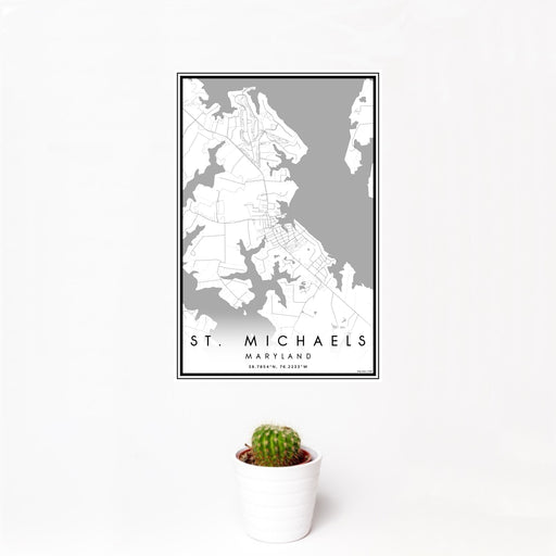 12x18 St. Michaels Maryland Map Print Portrait Orientation in Classic Style With Small Cactus Plant in White Planter