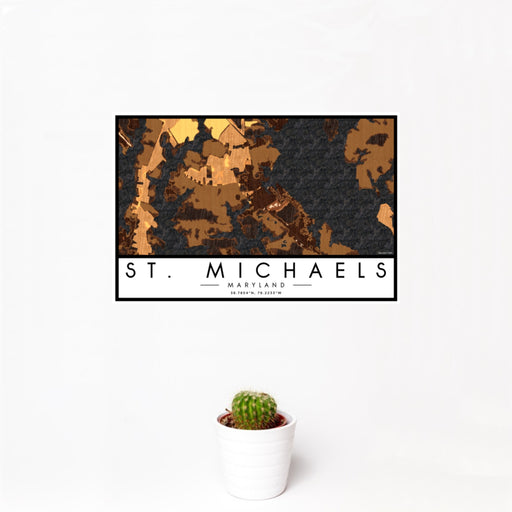 12x18 St. Michaels Maryland Map Print Landscape Orientation in Ember Style With Small Cactus Plant in White Planter