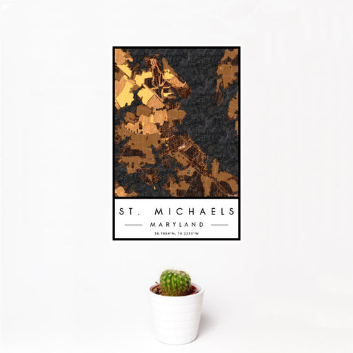 12x18 St. Michaels Maryland Map Print Portrait Orientation in Ember Style With Small Cactus Plant in White Planter
