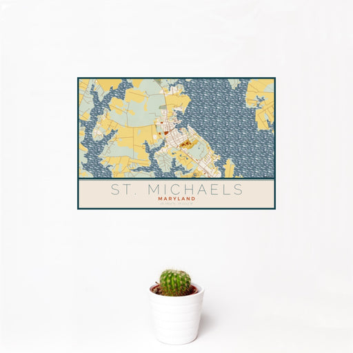12x18 St. Michaels Maryland Map Print Landscape Orientation in Woodblock Style With Small Cactus Plant in White Planter