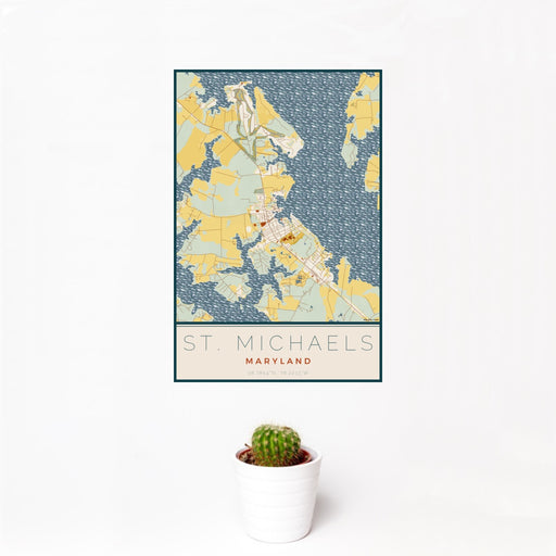 12x18 St. Michaels Maryland Map Print Portrait Orientation in Woodblock Style With Small Cactus Plant in White Planter