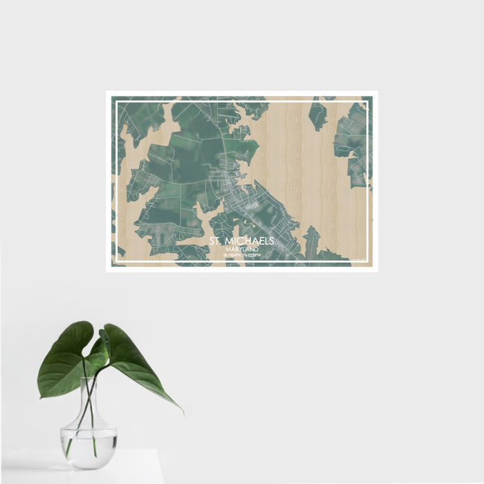 16x24 St. Michaels Maryland Map Print Landscape Orientation in Afternoon Style With Tropical Plant Leaves in Water