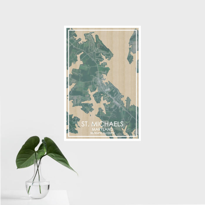 16x24 St. Michaels Maryland Map Print Portrait Orientation in Afternoon Style With Tropical Plant Leaves in Water