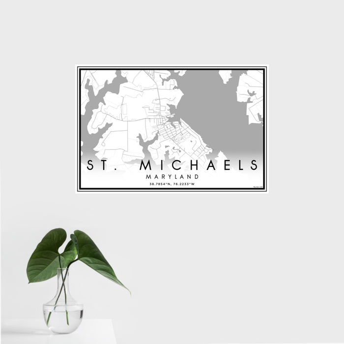 16x24 St. Michaels Maryland Map Print Landscape Orientation in Classic Style With Tropical Plant Leaves in Water
