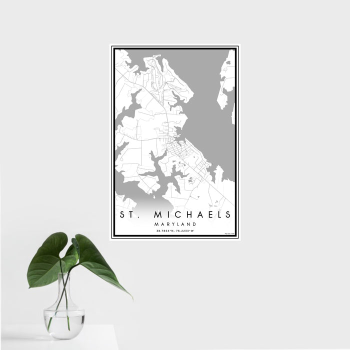 16x24 St. Michaels Maryland Map Print Portrait Orientation in Classic Style With Tropical Plant Leaves in Water
