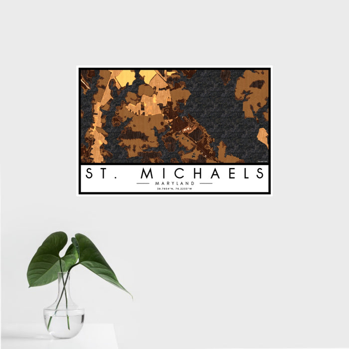 16x24 St. Michaels Maryland Map Print Landscape Orientation in Ember Style With Tropical Plant Leaves in Water