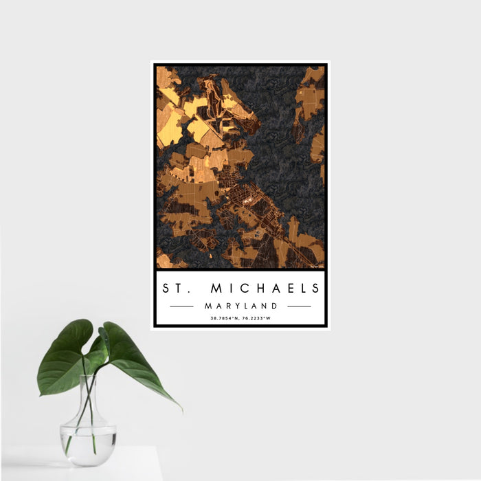 16x24 St. Michaels Maryland Map Print Portrait Orientation in Ember Style With Tropical Plant Leaves in Water