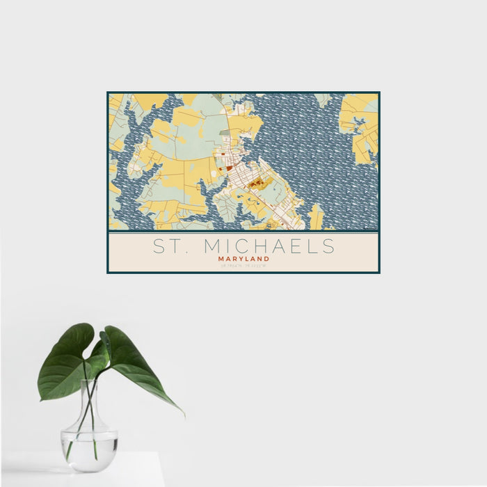 16x24 St. Michaels Maryland Map Print Landscape Orientation in Woodblock Style With Tropical Plant Leaves in Water