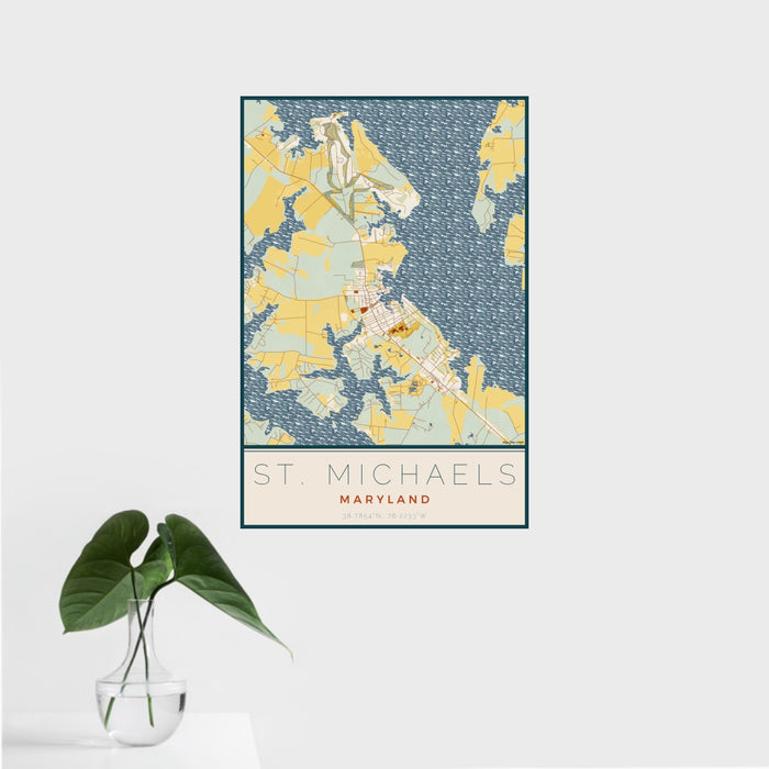 16x24 St. Michaels Maryland Map Print Portrait Orientation in Woodblock Style With Tropical Plant Leaves in Water