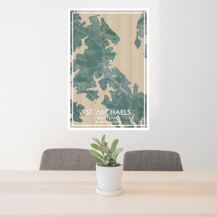 24x36 St. Michaels Maryland Map Print Portrait Orientation in Afternoon Style Behind 2 Chairs Table and Potted Plant
