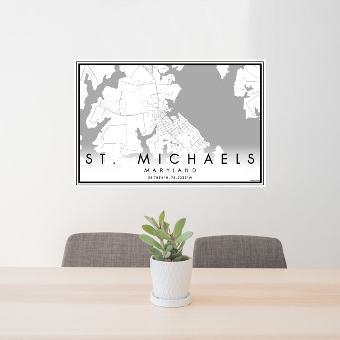 24x36 St. Michaels Maryland Map Print Lanscape Orientation in Classic Style Behind 2 Chairs Table and Potted Plant