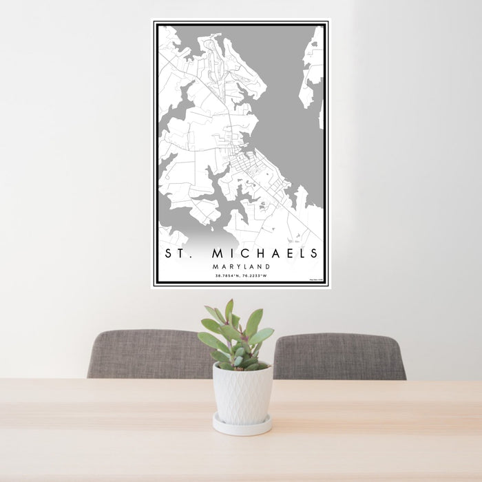 24x36 St. Michaels Maryland Map Print Portrait Orientation in Classic Style Behind 2 Chairs Table and Potted Plant