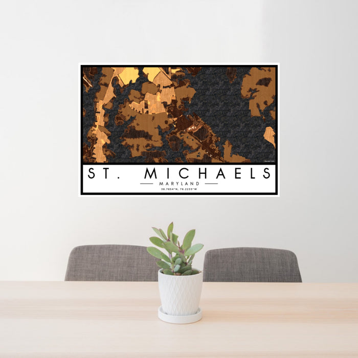 24x36 St. Michaels Maryland Map Print Lanscape Orientation in Ember Style Behind 2 Chairs Table and Potted Plant