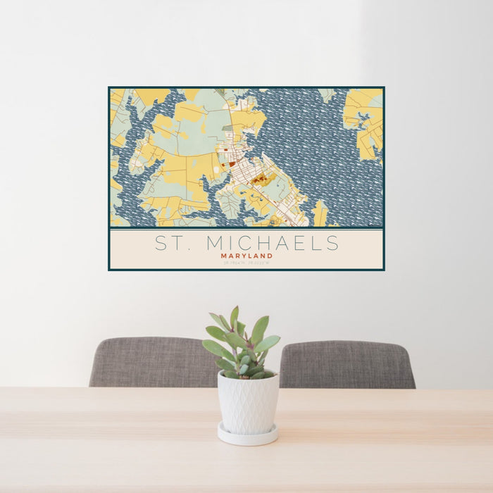 24x36 St. Michaels Maryland Map Print Lanscape Orientation in Woodblock Style Behind 2 Chairs Table and Potted Plant