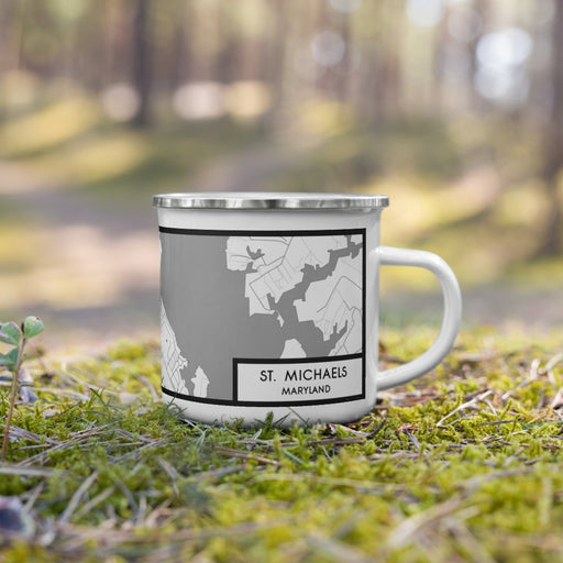 Right View Custom St. Michaels Maryland Map Enamel Mug in Classic on Grass With Trees in Background