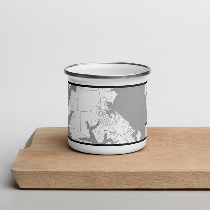 Front View Custom St. Michaels Maryland Map Enamel Mug in Classic on Cutting Board