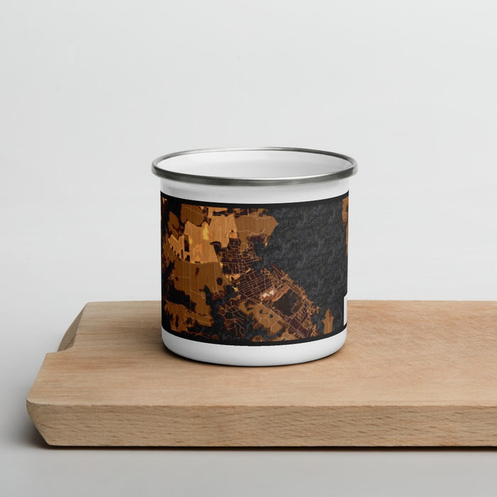 Front View Custom St. Michaels Maryland Map Enamel Mug in Ember on Cutting Board