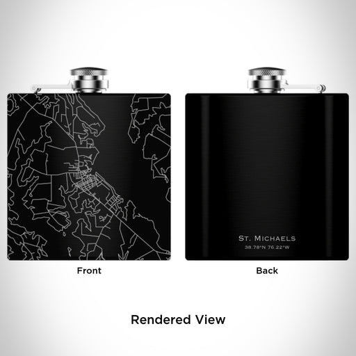 Rendered View of St. Michaels Maryland Map Engraving on 6oz Stainless Steel Flask in Black