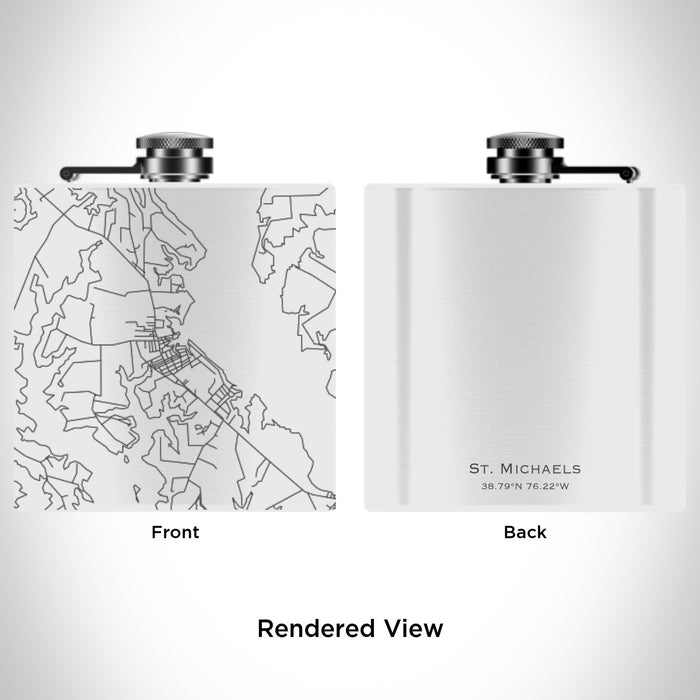 Rendered View of St. Michaels Maryland Map Engraving on 6oz Stainless Steel Flask in White