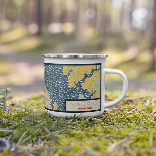 Right View Custom St. Michaels Maryland Map Enamel Mug in Woodblock on Grass With Trees in Background