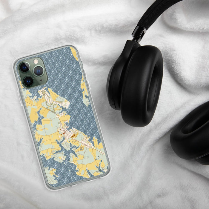 Custom St. Michaels Maryland Map Phone Case in Woodblock on Table with Black Headphones