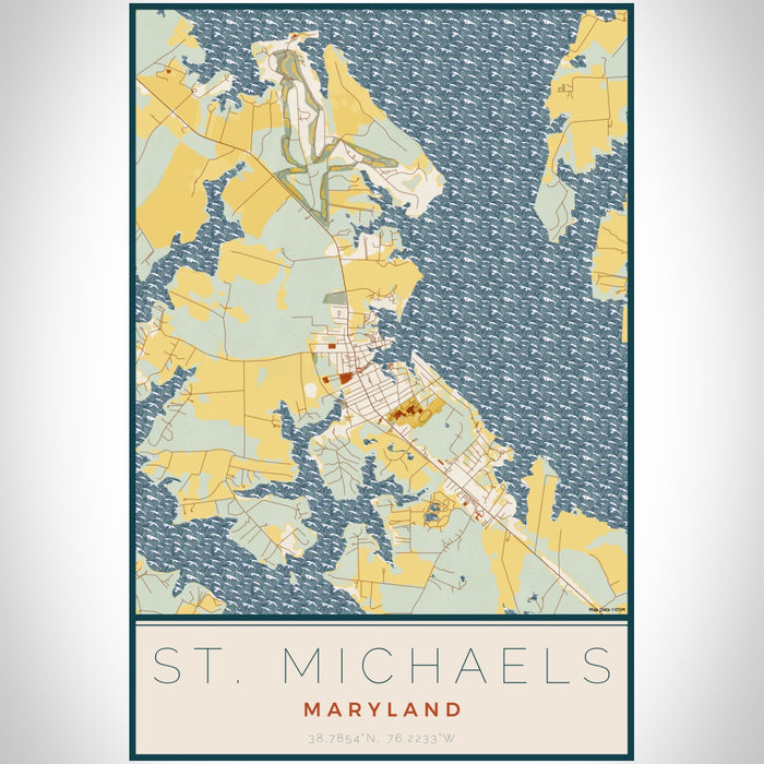 St. Michaels Maryland Map Print Portrait Orientation in Woodblock Style With Shaded Background