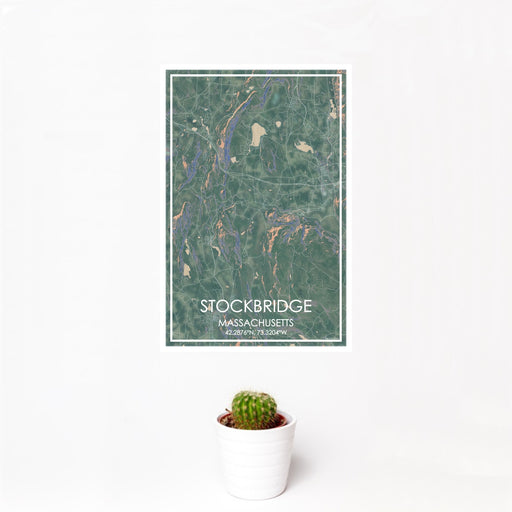 12x18 Stockbridge Massachusetts Map Print Portrait Orientation in Afternoon Style With Small Cactus Plant in White Planter