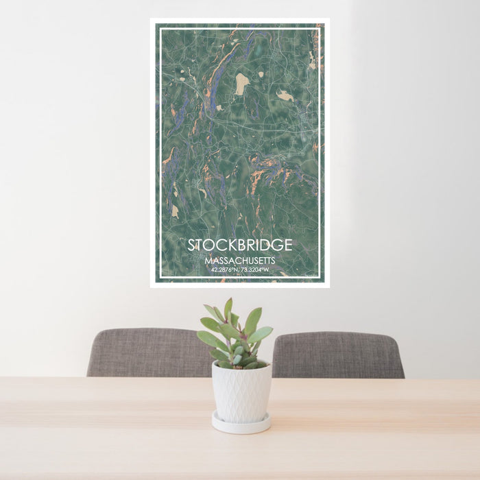 24x36 Stockbridge Massachusetts Map Print Portrait Orientation in Afternoon Style Behind 2 Chairs Table and Potted Plant