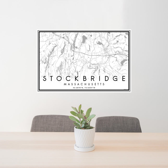 24x36 Stockbridge Massachusetts Map Print Landscape Orientation in Classic Style Behind 2 Chairs Table and Potted Plant