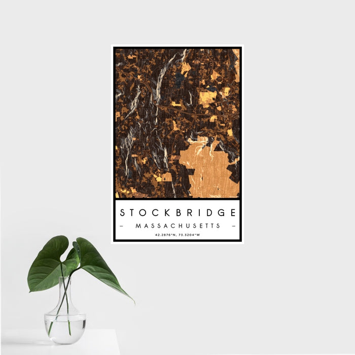 16x24 Stockbridge Massachusetts Map Print Portrait Orientation in Ember Style With Tropical Plant Leaves in Water