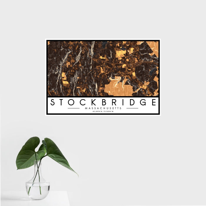 16x24 Stockbridge Massachusetts Map Print Landscape Orientation in Ember Style With Tropical Plant Leaves in Water