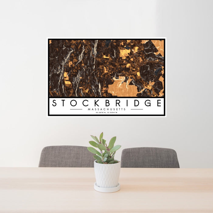24x36 Stockbridge Massachusetts Map Print Landscape Orientation in Ember Style Behind 2 Chairs Table and Potted Plant
