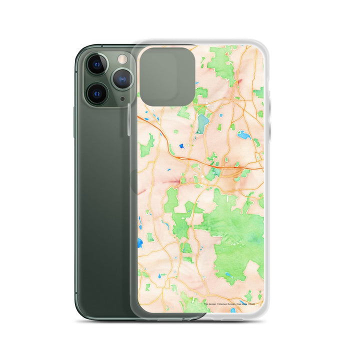 Custom Stockbridge Massachusetts Map Phone Case in Watercolor on Table with Laptop and Plant