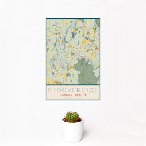 12x18 Stockbridge Massachusetts Map Print Portrait Orientation in Woodblock Style With Small Cactus Plant in White Planter