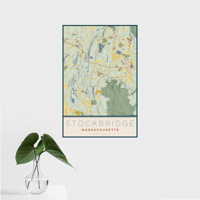 16x24 Stockbridge Massachusetts Map Print Portrait Orientation in Woodblock Style With Tropical Plant Leaves in Water