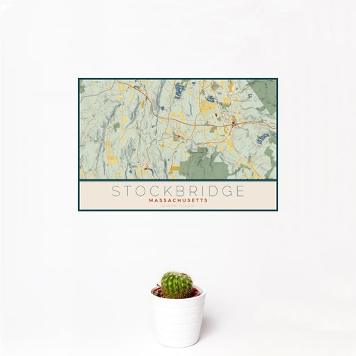 12x18 Stockbridge Massachusetts Map Print Landscape Orientation in Woodblock Style With Small Cactus Plant in White Planter