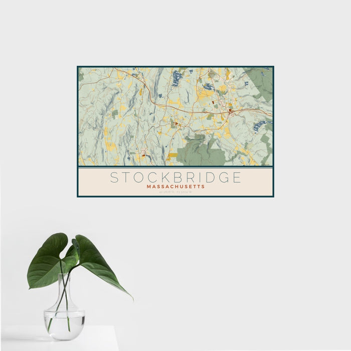 16x24 Stockbridge Massachusetts Map Print Landscape Orientation in Woodblock Style With Tropical Plant Leaves in Water